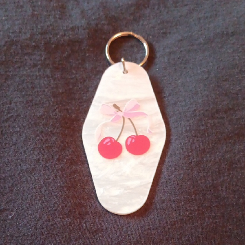 Cherry Keychain with Pink Bow